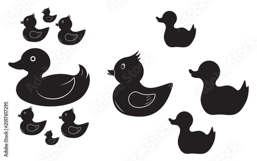 Canvastavla Rubber Duck Icon Set – Cute Bath Toy Symbols in Outline and Solid Black Vector S