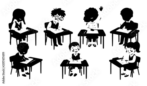 Εκτύπωση καμβά Elementary school boys and girls writing in copybooks at classroom desks cartoon