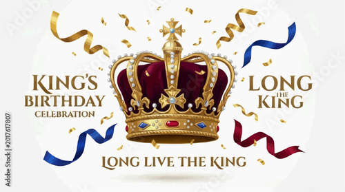 A vector graphic illustration of a gold crown with red velvet and jewels surrounded by confetti and ribbons