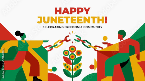 A vibrant Juneteenth celebration illustration with colorful geometric shapes and people breaking chains