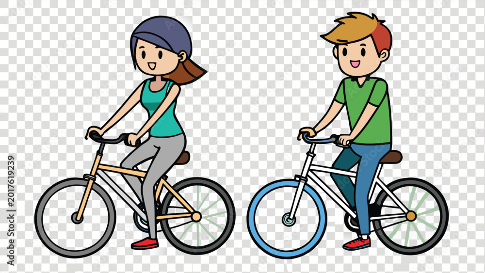 Fototapeta premium Vector illustration of young man and woman riding bicycles isolated on transparent background.