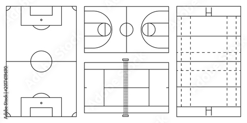 Fotografía Sports field and court diagram set in top view, soccer field, basketball court,