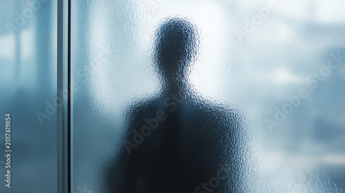 A blurred silhouette of a businessman behind a frosted glass partition, symbolizing corporate life and professionalism.