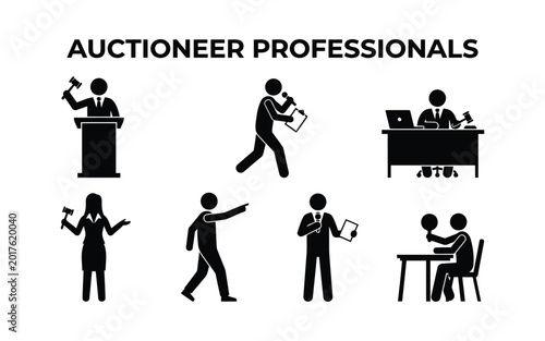 Auctioneer professionals stick figure icons, professional auction house staff silhouettes, set of 7 bidding and selling vector illustrations