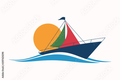 Sailboat with colorful sail gliding on calm blue water under setting sun