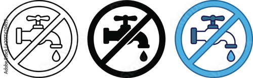 Water faucet prohibition sign icons set in three different visual styles.