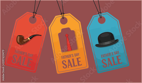 Father's day sale tags with pipe, tie, and hat icons