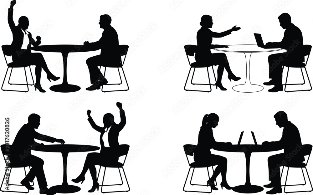 Fototapeta premium Business Meeting Silhouettes Featuring Office Discussions Laptop Work and Professional Communication at Conference Tables Vector Illustration Collection