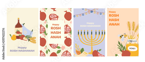 Happy Rosh Hashanah cards set. Vector posters of harvest rosh hashanah elements honey, pomegranate, wine and apple, menorah and torah scroll. Jewish holiday cards in flat style.