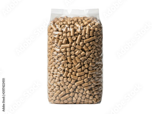 Wood pellets in transparent plastic bag, compressed sawdust fuel for heating, eco-friendly biomass energy source for pellet stoves and boilers isolated PNG with Transparent Background