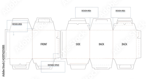 Food packaging box dieline template, flat layout, editable design space, high resolution, professional presentation