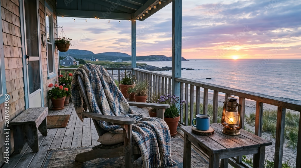 Fototapeta premium Wooden porch chair draped with blanket facing ocean at sunset