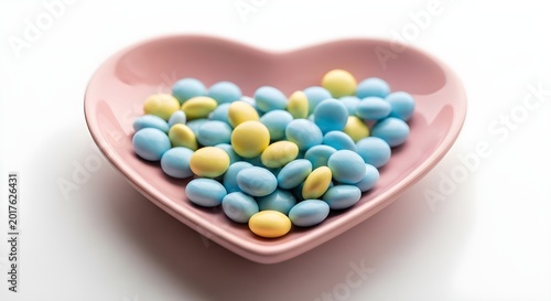 Pastel blue and yellow sugar-coated candies nestled in a delicate pink heart-shaped bowl, evoking feelings of sweetness, comfort, and care