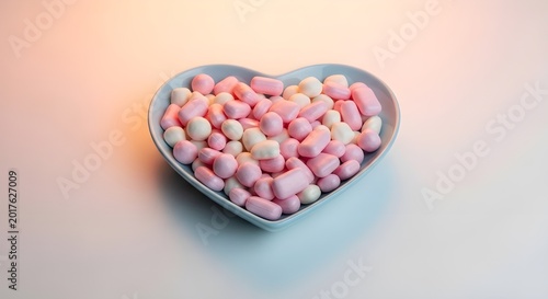 Heart-shaped bowl filled with pink and white marshmallows, symbolizing sweet treats and affection