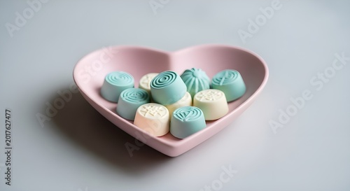 A pink heart-shaped dish filled with pastel-colored candies, soft focus background, studio lighting