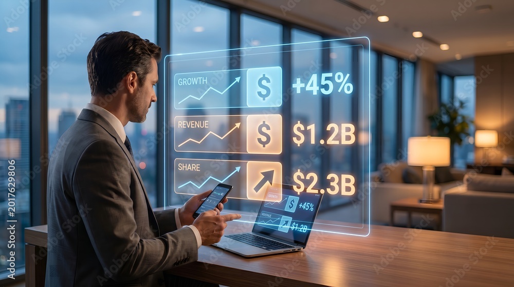 Obraz premium Financial Growth Dashboard with Revenue Analytics, Fintech Performance Metrics, Investment Growth Charts, Business Intelligence Data and Enterprise Finance Technology Interface