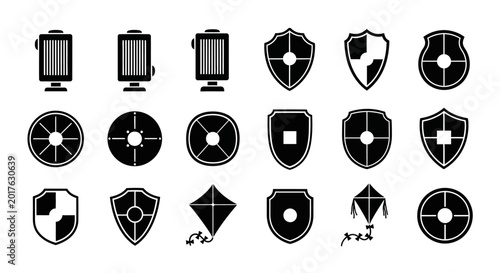 Collection of black and white shield and badge icons for protection and security concepts