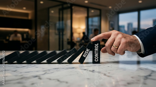 Hand Stopping Falling Dominoes Risk Management Business Concept
