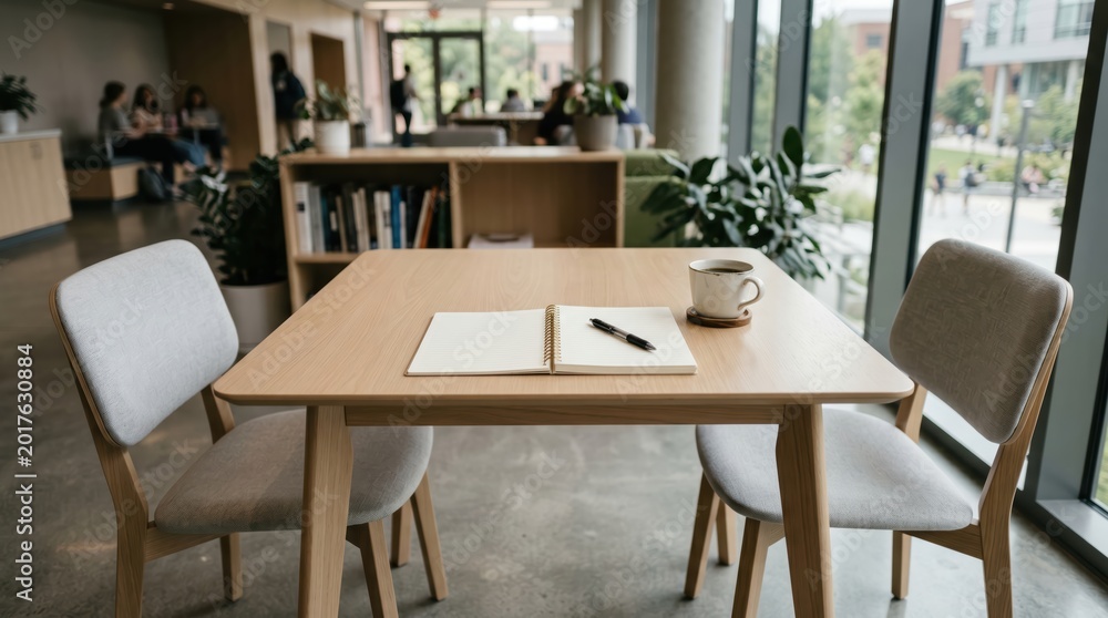 Obraz premium Wooden table set with notebook and coffee in lounge by window