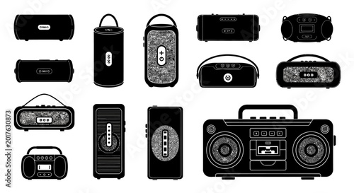 Tableau sur toile Collection of portable black and gray speakers and boomboxes on white background