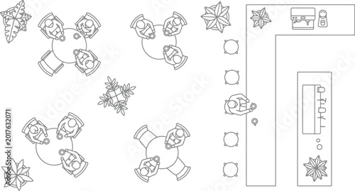 Cafe floor plan top view with tables chairs and bar counter layout for architectural interior design and restaurant planning projects