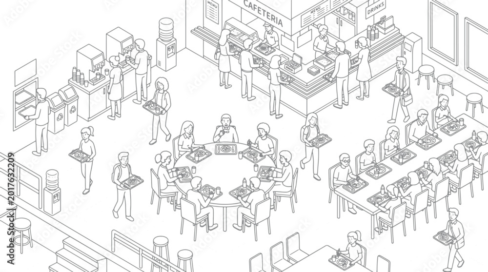 Naklejka premium Isometric cafeteria interior with students eating lunch at tables and queuing for food service in a school dining hall vector