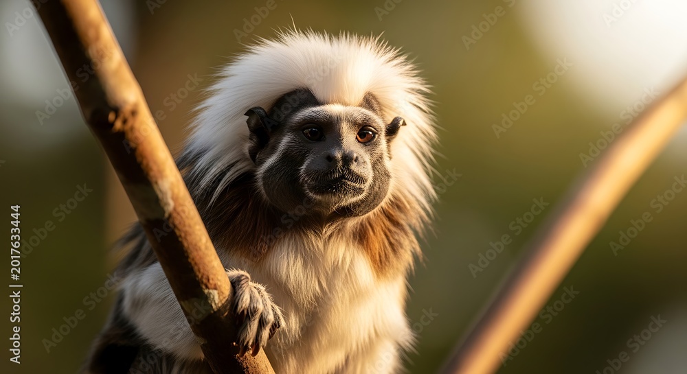 Fototapeta premium Tamarin monkey with white hair hanging.