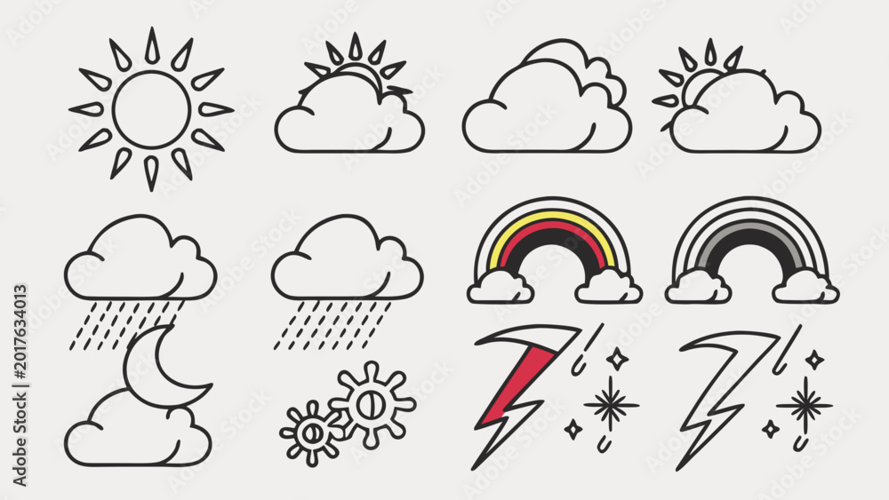 Obraz premium Weather Icon Set with Clouds Sun and Rain