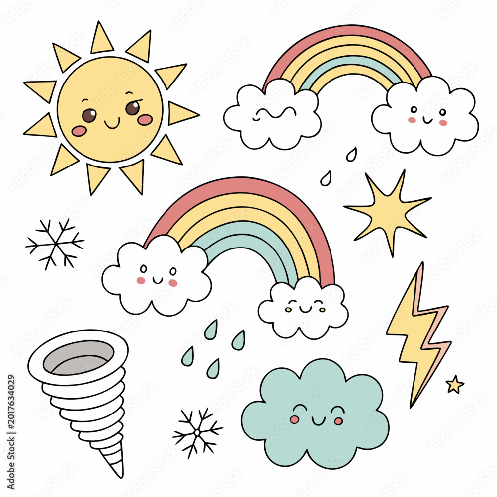 Obraz premium Weather Icons Cartoon Rainbow Sun Cloud