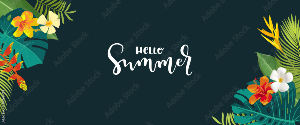 Fototapeta premium Brazil Amazon tropic jungle background frame. Green leaves border, palm foliage bg. Summer party banner. Vector forest Thailand vibes illustration. Floral hibiscus tropical card. Goa beach paradise bg
