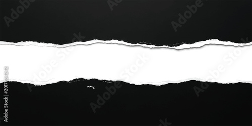 Cuadro en lienzo Black paper sheet torn in half with a wide horizontal gap for text copy space