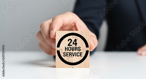 Hand holding wooden block with 24 hours service sign