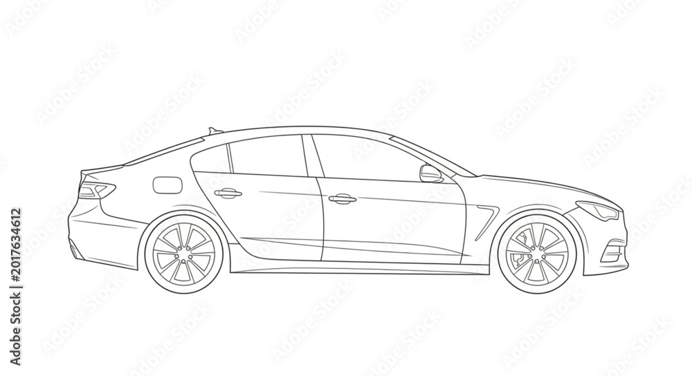 Fototapeta premium Modern Sedan Car Outline Drawing Side View.