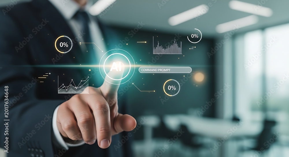 Fototapeta premium Businessman interacting with futuristic AI interface in office