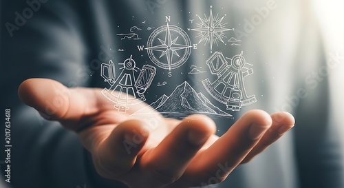 Hand holding holographic navigational symbols and compass