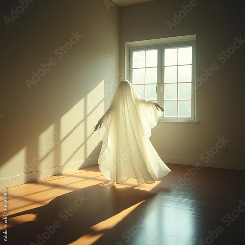Whispering shadows dance on a lone, stylized ghost, dutch angle adds intrigue ,  ambient light,  artistic
