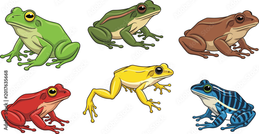 Fototapeta premium Colorful Frog Vector Illustration Set Featuring Diverse Tropical Species in Green Red Yellow Blue and Brown Colors