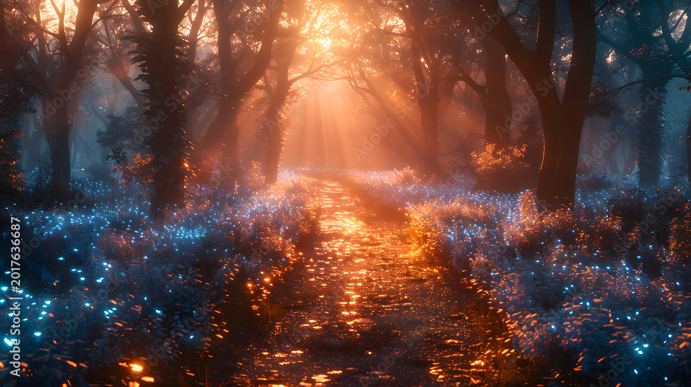 Obraz premium Cinematic Fantasy Forest at Night with Glowing Plants and Atmospheric Light Ultra Detailed Dreamy Composition