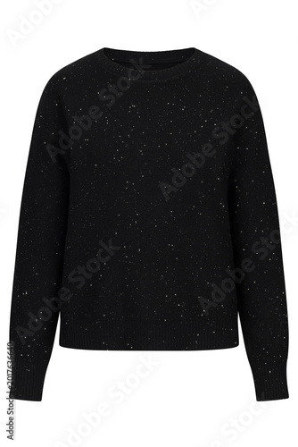 Speckled black crew neck sweater with long sleeves, studio isolated