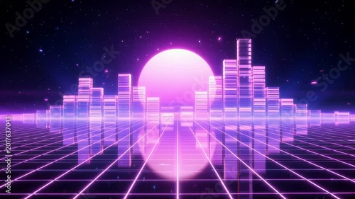 Neon sunset city skyline with glowing digital grid reflecting over a dark synthwave motion background