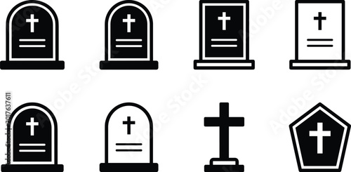 Cuadro en lienzo Set of grave and headstone icons with cross symbols and coffin silhouette for fu