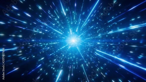 Bright blue light streaks moving fast through a dark space tunnel representing extreme warp speed