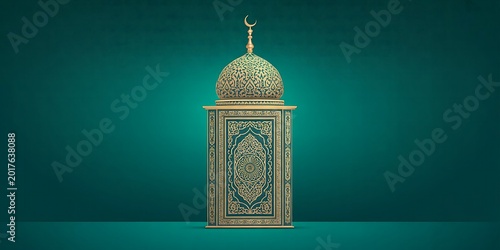 Luxurious Golden Mosque Lantern with Crescent Top on Deep Teal Green Background Featuring Ornate Islamic Arabesque Patterns