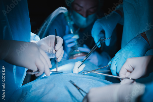 Фотография Close up of surgeons hands performing operation with scalpel and gauze, sterile