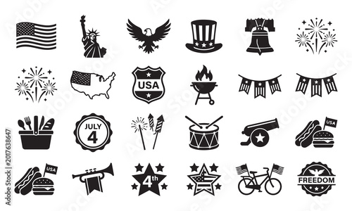 USA Independence Day Icon Set with American Culture Symbols