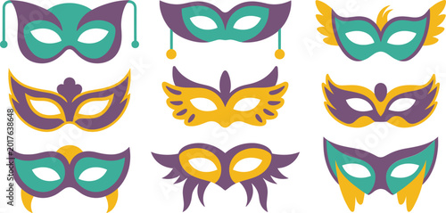 Colorful carnival mask collection with decorative masquerade party accessories isolated vector illustration design set