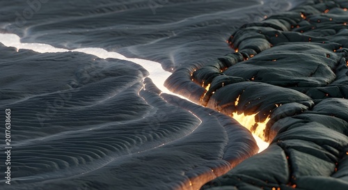 Flowing lava creating mesmerizing patterns and textures on dark volcanic rock, showcasing nature's raw power and beauty
