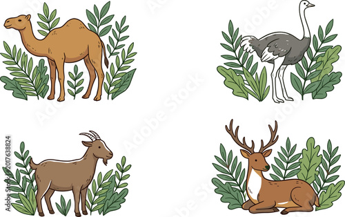 Canvas Print Cute cartoon wild animals collection featuring camel ostrich goat and deer surro