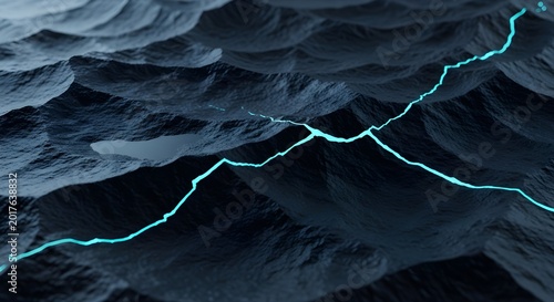Dynamic undulating digital landscape illuminated by a vibrant turquoise path, depicting abstract data flow or an ethereal journey across textured dark surfaces
