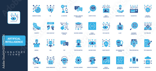 Artificial intelligence, machine learning and robotics glyph icon set. Natural language processing, generation of ideas, text and images, sounds solid vector illustration